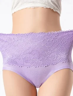 Online Women's Brief Underwear 1 PC Underwear Fashion Simple Sexy Lace Hole Flower High Waist Sexy Black Purple Pink M L XL Home Outfits Women Lingerie