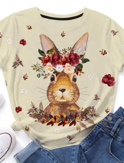 Clearance Women's Bunny Rose Crown T-shirt Blue Floral Crew Neck Stretch Casual Everyday Spring Summer Wear Multiple Sizes Women T-Shirts