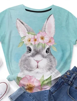 Clearance Women's Bunny Rose Crown T-shirt Blue Floral Crew Neck Stretch Casual Everyday Spring Summer Wear Multiple Sizes Women T-Shirts