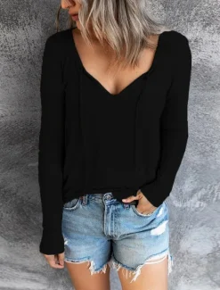Outlet Women's Burgundy Tee Fashion Stylish Patchwork Long Sleeve Regular Tops V Neck Vacation Daily Black Red Royal Blue Fall & Winter Women T-Shirts