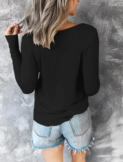Outlet Women's Burgundy Tee Fashion Stylish Patchwork Long Sleeve Regular Tops V Neck Vacation Daily Black Red Royal Blue Fall & Winter Women T-Shirts