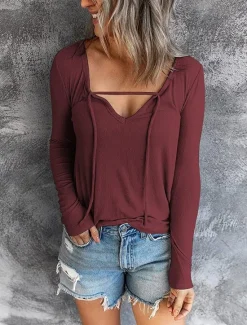Outlet Women's Burgundy Tee Fashion Stylish Patchwork Long Sleeve Regular Tops V Neck Vacation Daily Black Red Royal Blue Fall & Winter Women T-Shirts