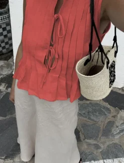 Sale Women's Button Up Cotton Linen Shirt Solid Color Basic Casual Sleeveless Crew Neck Regular Tops Daily Ruffle Black White Red Summer Spring Women Shirts