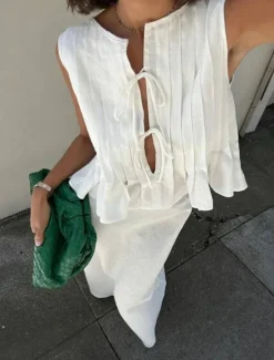 Sale Women's Button Up Cotton Linen Shirt Solid Color Basic Casual Sleeveless Crew Neck Regular Tops Daily Ruffle Black White Red Summer Spring Women Shirts