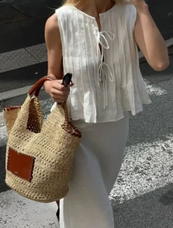 Sale Women's Button Up Cotton Linen Shirt Solid Color Basic Casual Sleeveless Crew Neck Regular Tops Daily Ruffle Black White Red Summer Spring Women Shirts