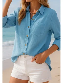 Hot Women's Button Up Cotton Linen Shirt Plain Basic Modern Long Sleeve Shirt Collar Regular Tops Daily Buttons White Blue Summer Women Shirts