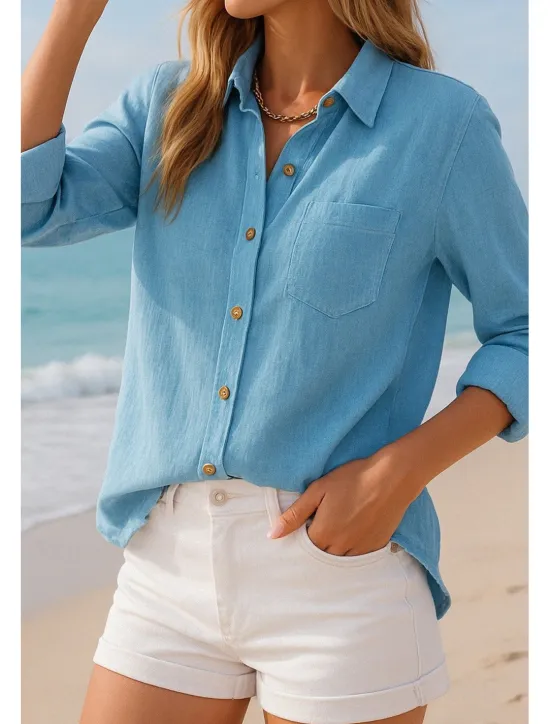 Hot Women's Button Up Cotton Linen Shirt Plain Basic Modern Long Sleeve Shirt Collar Regular Tops Daily Buttons White Blue Summer Women Shirts