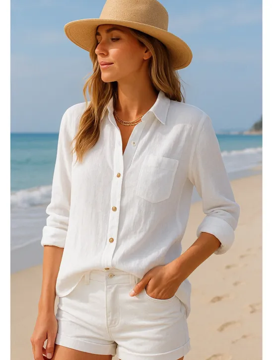 Hot Women's Button Up Cotton Linen Shirt Plain Basic Modern Long Sleeve Shirt Collar Regular Tops Daily Buttons White Blue Summer Women Shirts
