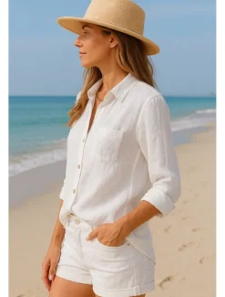 Hot Women's Button Up Cotton Linen Shirt Plain Basic Modern Long Sleeve Shirt Collar Regular Tops Daily Buttons White Blue Summer Women Shirts