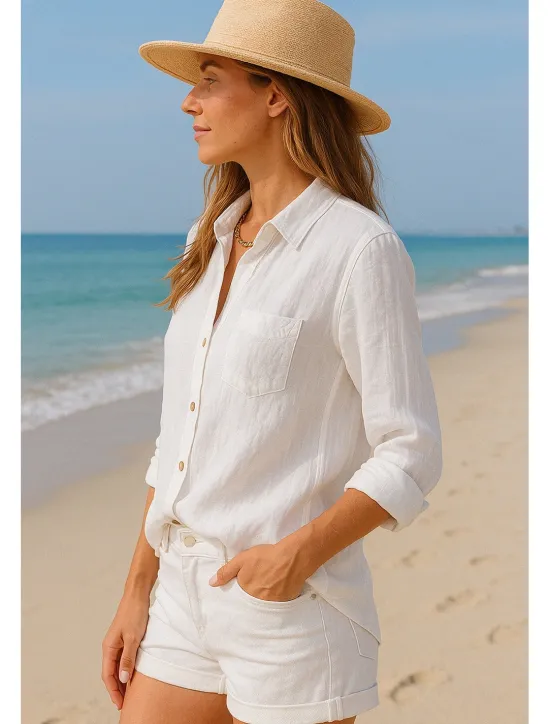 Hot Women's Button Up Cotton Linen Shirt Plain Basic Modern Long Sleeve Shirt Collar Regular Tops Daily Buttons White Blue Summer Women Shirts