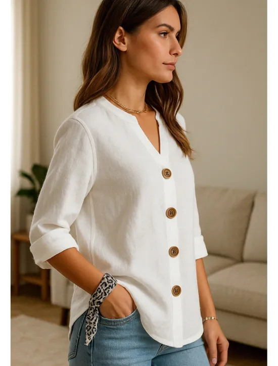 Women's Button Up Cotton Linen Shirt Plain Basic Modern Long Sleeve V Neck Regular Tops Daily Buttons Summer Women Shirts
