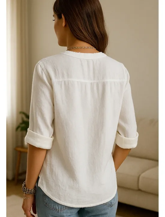 Women's Button Up Cotton Linen Shirt Plain Basic Modern Long Sleeve V Neck Regular Tops Daily Buttons Summer Women Shirts