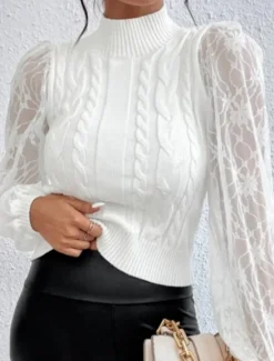 Women's Cable Knit Lace Flared Lace Sleeve Jumper Fall Winter Work Elegant Fashion Daily Solid Color Women Pullovers & Tops