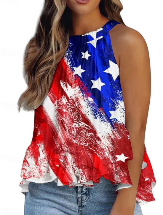 Best Women's Camisole Tank Top Flag Daily Casual Sleeveless Halter Neck Regular Tops Daily Ruffle Print Red Navy Blue Royal Blue Blue Summer Women Independence Day Top