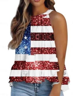 Best Women's Camisole Tank Top Flag Daily Casual Sleeveless Halter Neck Regular Tops Daily Ruffle Print Red Navy Blue Royal Blue Blue Summer Women Independence Day Top
