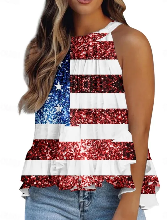 Best Women's Camisole Tank Top Flag Daily Casual Sleeveless Halter Neck Regular Tops Daily Ruffle Print Red Navy Blue Royal Blue Blue Summer Women Independence Day Top