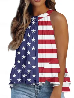 Best Women's Camisole Tank Top Flag Daily Casual Sleeveless Halter Neck Regular Tops Daily Ruffle Print Red Navy Blue Royal Blue Blue Summer Women Independence Day Top