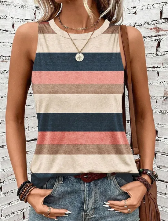 Outlet Women's Camisole Tank Top Striped Stylish Casual Sleeveless Crew Neck Regular Tops Daily Print Summer Women Tank Tops & Camis