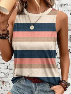 Outlet Women's Camisole Tank Top Striped Stylish Casual Sleeveless Crew Neck Regular Tops Daily Print Summer Women Tank Tops & Camis