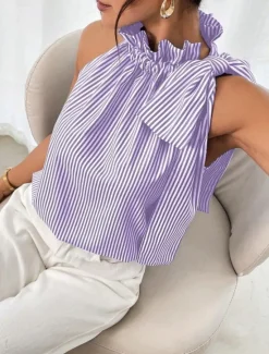 Online Women's Camisole Tank Top Striped Daily Casual Sleeveless Halter Neck Regular Tops Daily Print Black Sky Blue Purple Green Summer Women Tank Tops & Camis