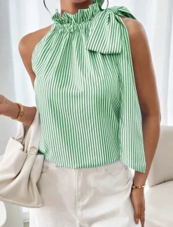 Online Women's Camisole Tank Top Striped Daily Casual Sleeveless Halter Neck Regular Tops Daily Print Black Sky Blue Purple Green Summer Women Tank Tops & Camis