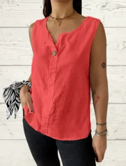Outlet Women's Camisole Tank Top Solid Color Plain Basic Sleeveless V Neck Regular Tops Holiday Buttons White Army Green Red Beige Summer Spring Women Shirts|Tank Tops & Camis
