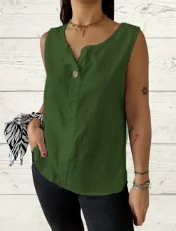 Outlet Women's Camisole Tank Top Solid Color Plain Basic Sleeveless V Neck Regular Tops Holiday Buttons White Army Green Red Beige Summer Spring Women Shirts|Tank Tops & Camis