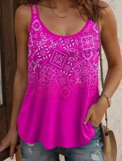 Best Women's Camisole Tank Top Ombre Graphic Geometric Vintage Stylish Sleeveless Scoop Neck Regular Tops Daily Holiday Print Red Blue Purple Green Summer Spring Women Tank Tops & Camis