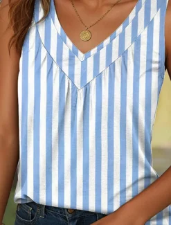 Best Women's Camisole Tank Top Graphic Striped Vintage Stylish Casual Sleeveless V Neck Long Tops Daily Print Pink Blue Purple Green Khaki Summer Spring Women Tank Tops & Camis