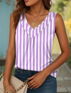 Best Women's Camisole Tank Top Graphic Striped Vintage Stylish Casual Sleeveless V Neck Long Tops Daily Print Pink Blue Purple Green Khaki Summer Spring Women Tank Tops & Camis