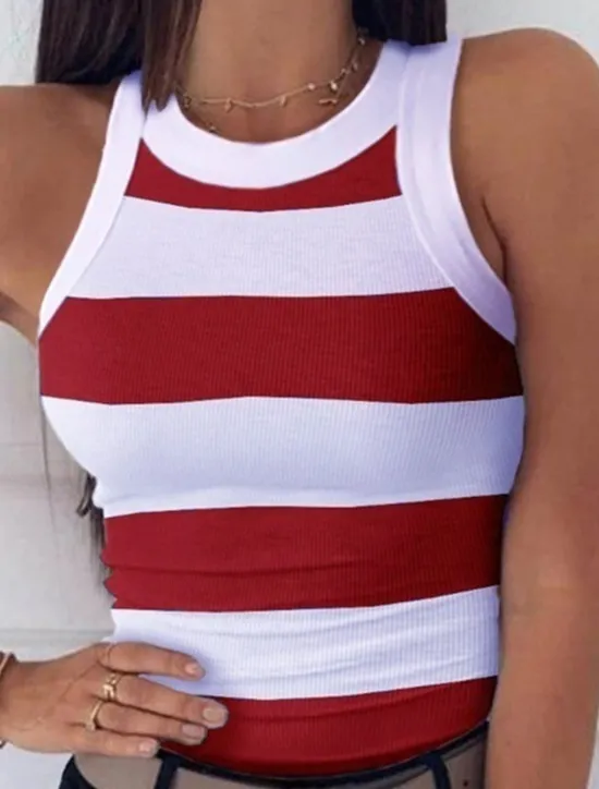 Discount Women's Camisole Tank Top Striped Casual Sleeveless Crew Neck Regular Tops Vacation Going out Print Red Blue Fuchsia Green Gray Summer Women Tank Tops & Camis