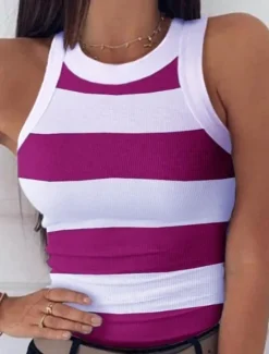 Discount Women's Camisole Tank Top Striped Casual Sleeveless Crew Neck Regular Tops Vacation Going out Print Red Blue Fuchsia Green Gray Summer Women Tank Tops & Camis