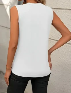 Women's Camisole Tank Top Sleeveless Round Neck White Asymmetrical Layered Elegant Draped Summer Spring Casual Workwear Regular Fit Versatile Top Clothing Apparel Women Tank Tops & Camis