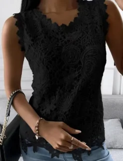 Women's Camisole Tank Top Eyelet top White Lace Shirt Women's Black White Pink Solid Color Lace Street Daily Fashion Round Neck S Women Tank Tops & Camis
