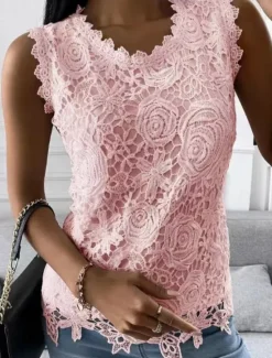 Women's Camisole Tank Top Eyelet top White Lace Shirt Women's Black White Pink Solid Color Lace Street Daily Fashion Round Neck S Women Tank Tops & Camis