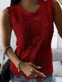 Women's Camisole Tank Top Eyelet top White Lace Shirt Women's Black White Pink Solid Color Lace Street Daily Fashion Round Neck S Women Tank Tops & Camis