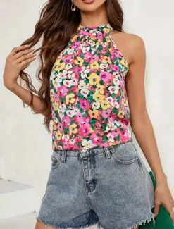 New Women's Camisole Tank Top Floral Stylish Casual Sleeveless Halter Neck Regular Tops Daily Print Summer Women Tank Tops & Camis|Spring Tops