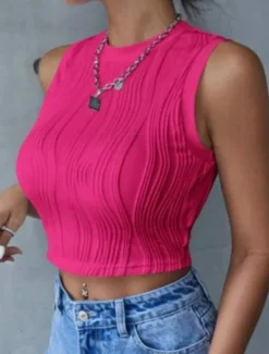 Discount Women's Camisole Tank Top Black White Dusty Rose Plain Crop Top Street Daily Fashion Round Neck Regular Fit S Women Tank Tops & Camis
