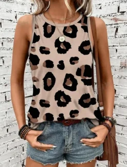 Women's Camisole Tank Top Vest Fashion Streetwear Print Sleeveless Regular Tops Crew Neck Casual Pink Brown Green Khaki Summer Women Tank Tops & Camis