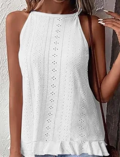 Hot Women's Camisole Tank Top Solid Color Stylish Casual Sleeveless Halter Neck Regular Tops Daily Eyelet Black White Sky Blue Summer Women Tank Tops & Camis|Blouses & Shirts