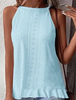 Hot Women's Camisole Tank Top Solid Color Stylish Casual Sleeveless Halter Neck Regular Tops Daily Eyelet Black White Sky Blue Summer Women Tank Tops & Camis|Blouses & Shirts