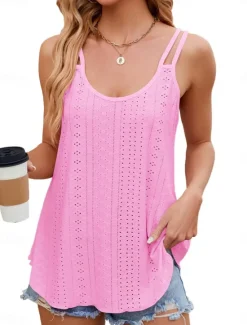 Hot Women's Camisole Tank Top Solid Color Stylish Casual Sleeveless U Neck Regular Tops Daily Eyelet White Yellow Pink Wine Summer Women Tank Tops & Camis