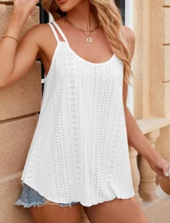 Hot Women's Camisole Tank Top Solid Color Stylish Casual Sleeveless U Neck Regular Tops Daily Eyelet White Yellow Pink Wine Summer Women Tank Tops & Camis