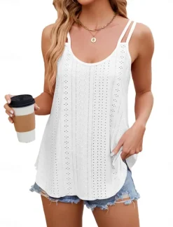 Hot Women's Camisole Tank Top Solid Color Stylish Casual Sleeveless U Neck Regular Tops Daily Eyelet White Yellow Pink Wine Summer Women Tank Tops & Camis