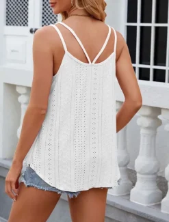 Hot Women's Camisole Tank Top Solid Color Stylish Casual Sleeveless U Neck Regular Tops Daily Eyelet White Yellow Pink Wine Summer Women Tank Tops & Camis