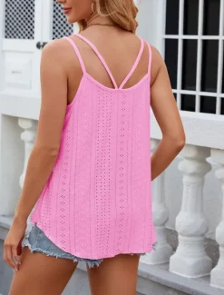 Hot Women's Camisole Tank Top Solid Color Stylish Casual Sleeveless U Neck Regular Tops Daily Eyelet White Yellow Pink Wine Summer Women Tank Tops & Camis
