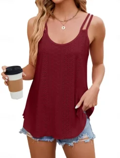 Hot Women's Camisole Tank Top Solid Color Stylish Casual Sleeveless U Neck Regular Tops Daily Eyelet White Yellow Pink Wine Summer Women Tank Tops & Camis