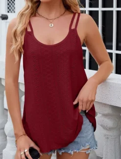 Hot Women's Camisole Tank Top Solid Color Stylish Casual Sleeveless U Neck Regular Tops Daily Eyelet White Yellow Pink Wine Summer Women Tank Tops & Camis