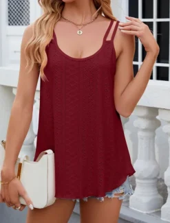Hot Women's Camisole Tank Top Solid Color Stylish Casual Sleeveless U Neck Regular Tops Daily Eyelet White Yellow Pink Wine Summer Women Tank Tops & Camis