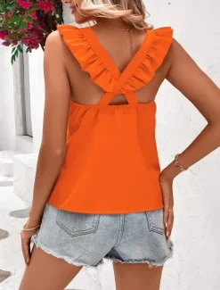 New Women's Camisole Tank Top Solid Color Stylish Casual Sleeveless Crew Neck Regular Tops Daily Ruffle Backless Black Pink Red Sky Blue Orange Summer Spring Women Tank Tops & Camis|Shirts